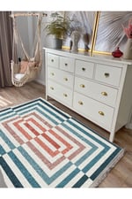 Renkli Geometrik Yıkanabilir Kaymaz Pamuk Tabanlı Salon Halısı, Koridor ve Mutfak Halısı Kilim 2189