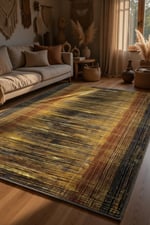 Sarı Siyah Soyut Fırça Darbe Desenli Modern Halı - Enerjik Soyut Sanat Salon Halısı