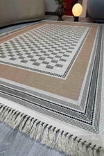 Siyah Beyaz ve Bej Tonlarında Kare Desenli Kilim Etnik Bohem Stil Yıkanabilir Pamuk Taban Kilim