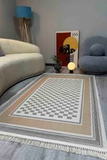 Siyah Beyaz ve Bej Tonlarında Kare Desenli Kilim Etnik Bohem Stil Yıkanabilir Pamuk Taban Kilim