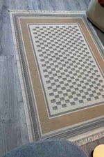 Siyah Beyaz ve Bej Tonlarında Kare Desenli Kilim Etnik Bohem Stil Yıkanabilir Pamuk Taban Kilim