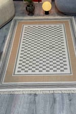 Siyah Beyaz ve Bej Tonlarında Kare Desenli Kilim Etnik Bohem Stil Yıkanabilir Pamuk Taban Kilim