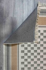 Siyah Beyaz ve Bej Tonlarında Kare Desenli Kilim Etnik Bohem Stil Yıkanabilir Pamuk Taban Kilim