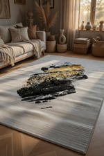 Siyah Gold Soyut Fırça Darbe Desenli Lüks Halı - Altın Varak Modern Salon Halısı