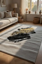 Siyah Gold Soyut Fırça Darbe Desenli Lüks Halı - Altın Varak Modern Salon Halısı