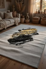 Siyah Gold Soyut Fırça Darbe Desenli Lüks Halı - Altın Varak Modern Salon Halısı