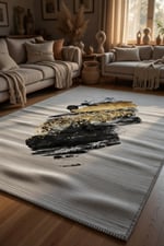 Siyah Gold Soyut Fırça Darbe Desenli Lüks Halı - Altın Varak Modern Salon Halısı