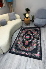 Siyah Halı Dekoratif Çiçekli Tasarım Otantik Yazlık Yıkanabilir Dokuma Şönil Salon Halısı mars284