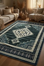 Siyah Krem Geometrik Madalyonlu Kaymaz Taban Salon Halısı