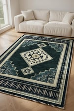 Siyah Krem Geometrik Madalyonlu Kaymaz Taban Salon Halısı