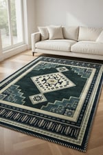 Siyah Krem Geometrik Madalyonlu Kaymaz Taban Salon Halısı