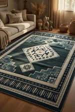 Siyah Krem Geometrik Madalyonlu Kaymaz Taban Salon Halısı