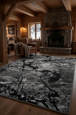 Siyah Mermer Desenli Halı - Gri Damarlı Modern Lüks Salon Halısı