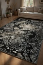 Siyah Mermer Desenli Halı - Gri Damarlı Modern Lüks Salon Halısı