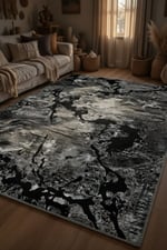 Siyah Mermer Desenli Halı - Gri Damarlı Modern Lüks Salon Halısı
