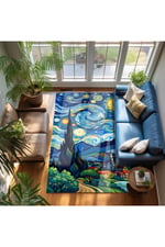 van gogh yıldızlı geceler Pastel Tonlarında Dokuma Taban Salon Halısı Çocuk Halısı  Mars 259