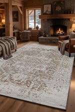 Vintage Etnik Desenli Bej Vizon Kilim Halı – Salon Oturma Odası Modern Eskitme Görünüm 2244
