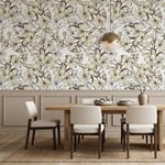 Kırık Beyaz Zeminde Krem Bej Büyük Çiçekler ve Kahverengi Dallar Botanik Poster Duvar Kağıdı