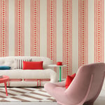 Kırık Beyaz Zeminde Mercan Kırmızısı Geometrik Çiçekli Dikey Şeritler Modern Poster Duvar Kağıdı
