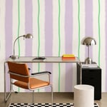 Kırık Beyaz Zeminde Pastel Lila Bantlar ve Yeşil Dalgalı Çizgiler Modern Poster Duvar Kağıdı