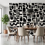 Kırık Beyaz Zeminde Siyah Organik Geometrik Bloklar Soyut Modern Poster Duvar Kağıdı