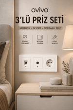 Ovivo Grano Beyaz 3'lü Priz Seti | Nümeris + TV + Topraklı Priz