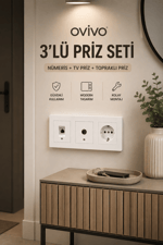 Ovivo Grano Beyaz 3'lü Priz Seti | Nümeris + TV + Topraklı Priz