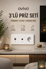 Ovivo Grano Beyaz 3'lü Priz Seti | Nümeris + TV + Topraklı Priz
