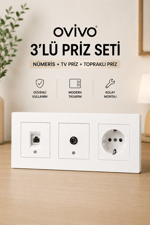 Ovivo Grano Beyaz 3'lü Priz Seti | Nümeris + TV + Topraklı Priz
