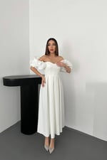 ✨ Beyaz Balon Kollu Midi Abiye Elbise – Zarif ve Şık Davet Stili ✨ - BEYAZ