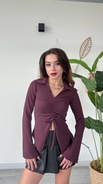 Bağlama Detaylı Yaka Yırtmaçlı Uzun Kollu Bluz-Mürdüm - Mürdüm