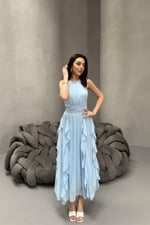 Bebe Mavi Önü Büzgülü Fırfırlı Elbise - Bebe Mavi