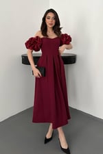 Bordo Kolları Balon Pileli Atlas Elbise - Bordo