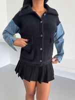 Denim Kol Detaylı Kontrast Ceket – Güçlü Stil, Net Duruş - Siyah