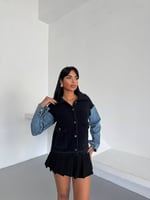 Denim Kol Detaylı Kontrast Ceket – Güçlü Stil, Net Duruş - Siyah