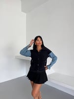 Denim Kol Detaylı Kontrast Ceket – Güçlü Stil, Net Duruş - Siyah