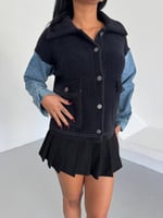 Denim Kol Detaylı Kontrast Ceket – Güçlü Stil, Net Duruş - Siyah
