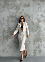 Dokulu Gold Düğmeli Midi Etek & Kısa Ceket İkili Takım - Beyaz