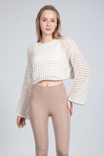 Ekru Ajurlu Crop Bluz - Ekru