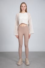 Ekru Ajurlu Crop Bluz - Ekru