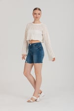Feminen Ajurlu Dokulu Beyaz Crop Bluz | Standart Beden - Beyaz