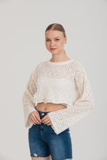 Feminen Ajurlu Dokulu Beyaz Crop Bluz | Standart Beden - Beyaz
