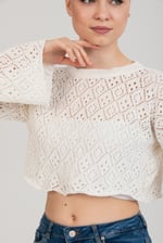 Feminen Ajurlu Dokulu Beyaz Crop Bluz | Standart Beden - Beyaz