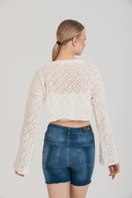 Feminen Ajurlu Dokulu Beyaz Crop Bluz | Standart Beden - Beyaz