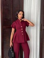 Gold Düğme Detaylı Peplum Kesim Şık Kadın Takım - Bordo