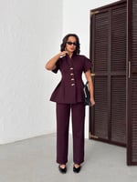 Gold Düğme Detaylı Peplum Kesim Şık Kadın Takım - Mürdüm