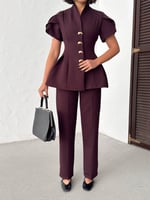Gold Düğme Detaylı Peplum Kesim Şık Kadın Takım - Mürdüm