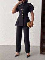 Gold Düğme Detaylı Peplum Kesim Şık Kadın Takım - Siyah