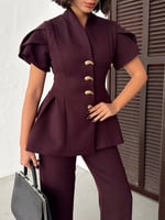 Gold Düğme Detaylı Peplum Kesim Şık Kadın Takım - Mürdüm
