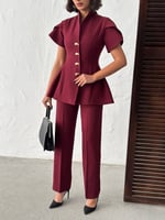 Gold Düğme Detaylı Peplum Kesim Şık Kadın Takım - Bordo